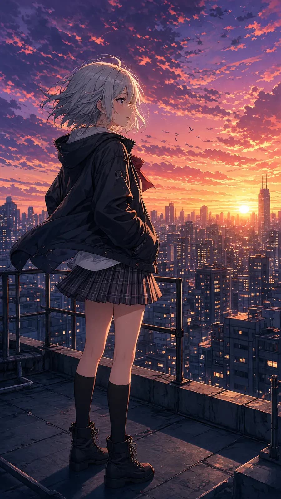 Cô gái anime tóc bạc trên sân thượng lúc hoàng hôn.