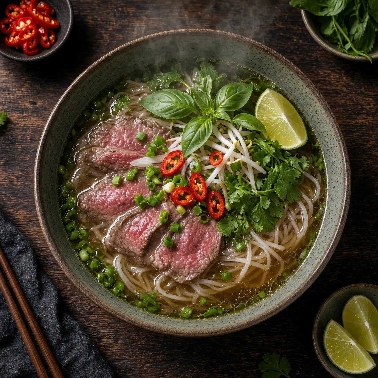 Tô phở bò tái với rau thơm, chanh và ớt nhìn từ trên xuống trên bàn tối.