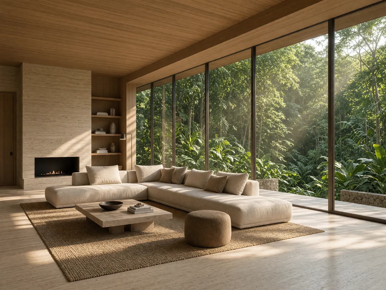 Phòng khách tối giản với sofa vải lanh và cửa kính lớn nhìn ra rừng.