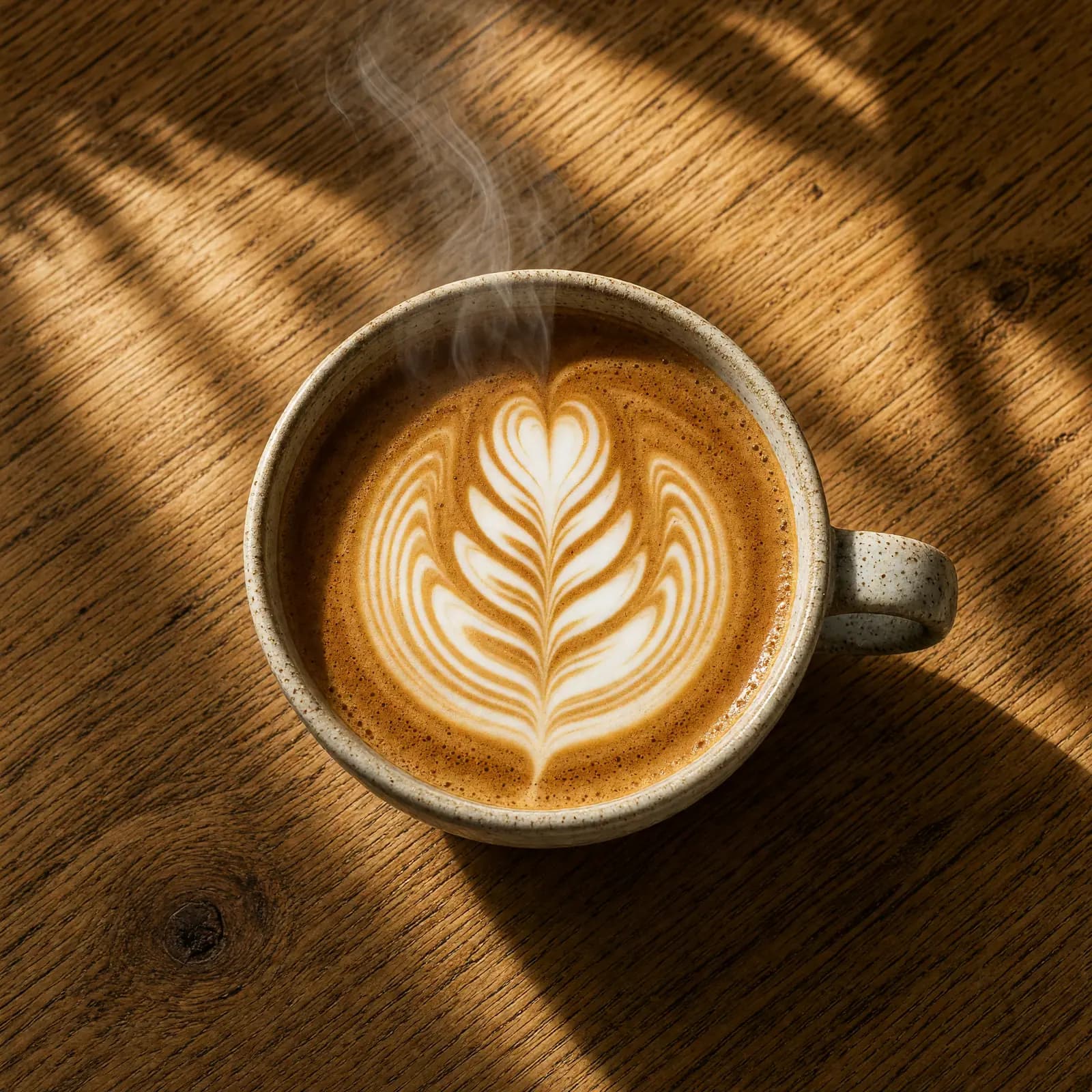 Ly latte vẽ hình lá nhìn từ trên xuống trên bàn gỗ sồi.