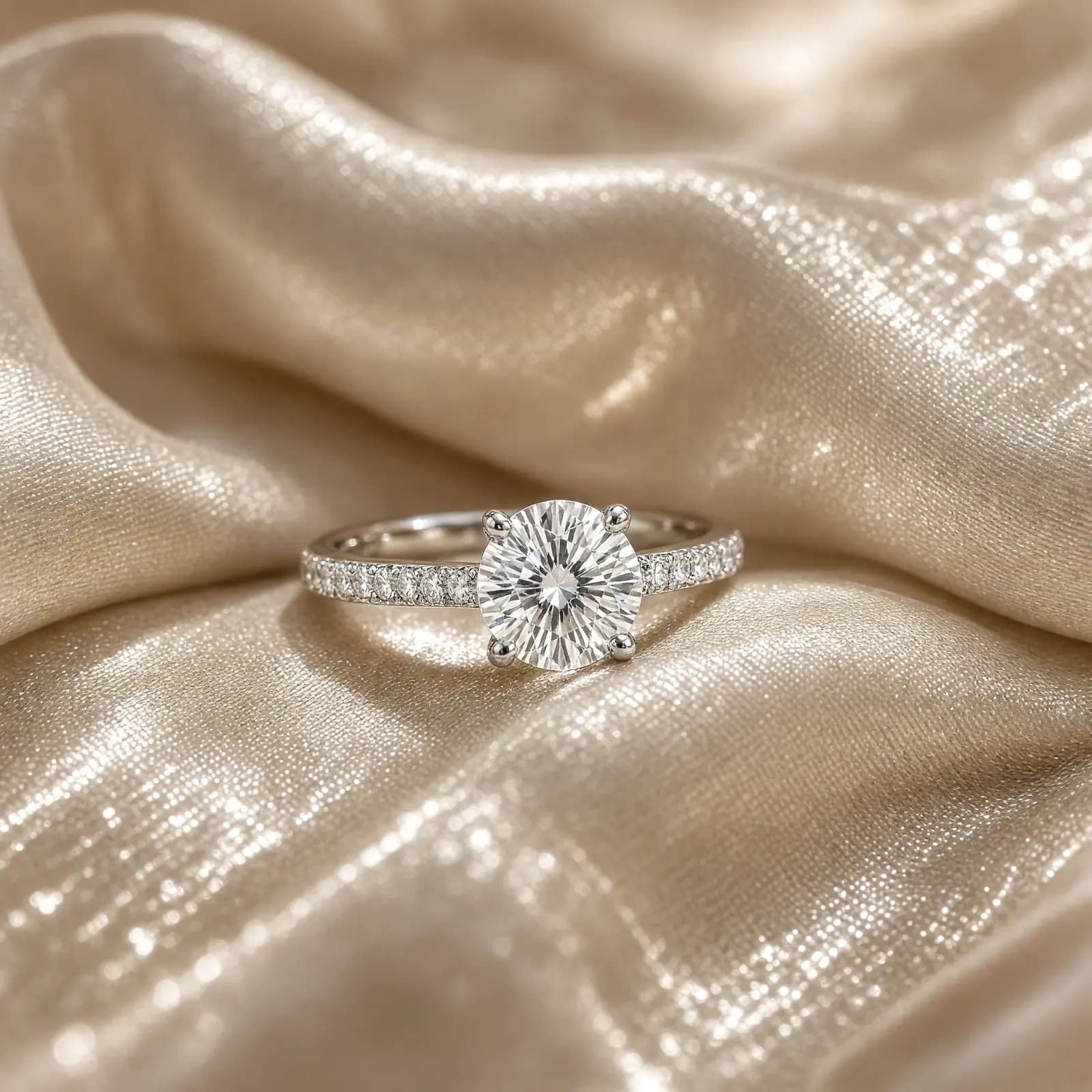 Nhẫn kim cương đặt trên nếp lụa màu champagne.