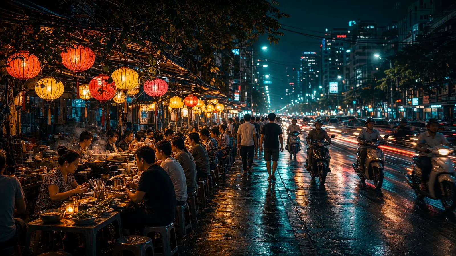Chợ đêm đông đúc ở TP. Hồ Chí Minh với đèn lồng và vệt đèn xe máy.
