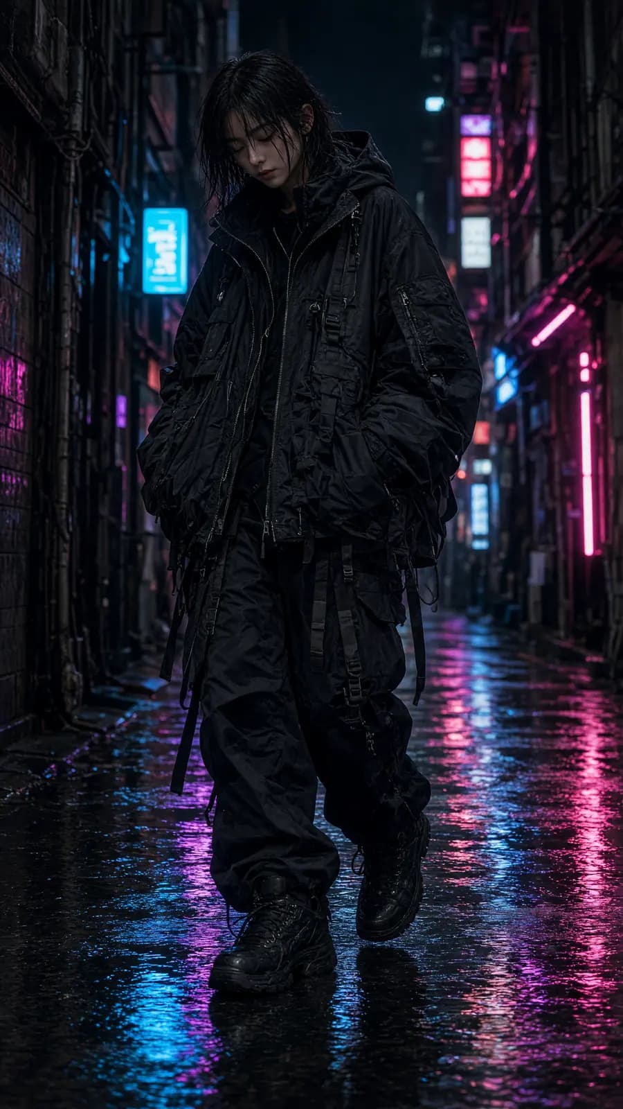 Người mẫu mặc techwear đen đi trong con hẻm neon mưa đêm.