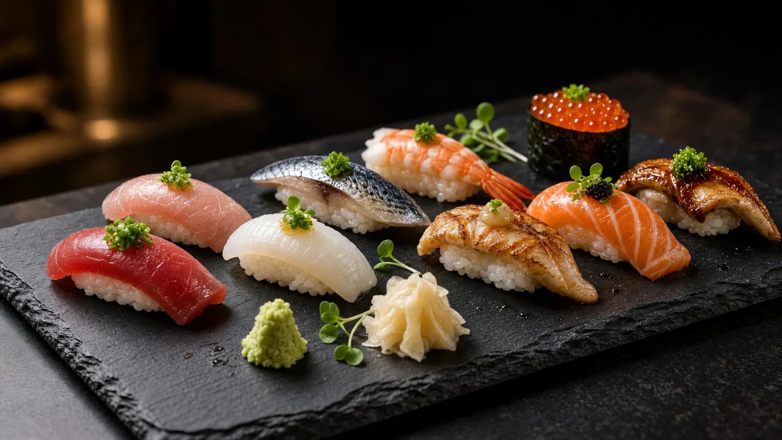 Khay sushi nigiri trên phiến đá đen.